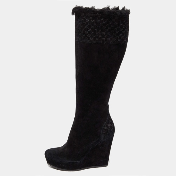 GUCCI Black Suede Courtney Microguccissima Logo Wedge Knee High Boots 37.5 - Picture 1 of 11